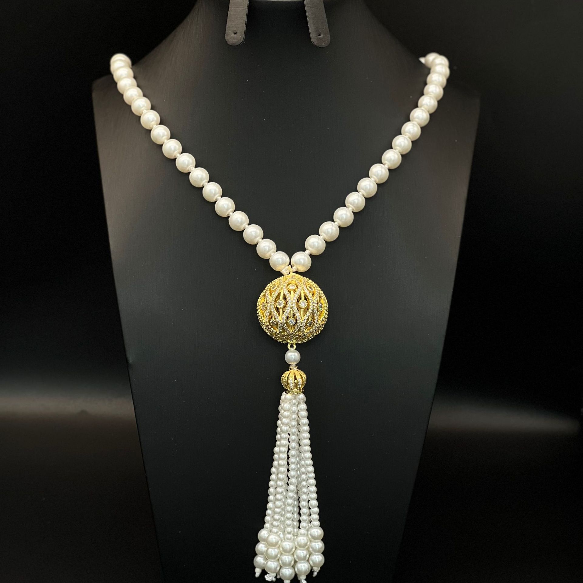 French Style Luxury Light Sweater Cross-Border Tassel Pearl Pendant Gold Long Three-Dimensional Hollow Full Diamond Zircon Beads