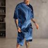 Men Plus Size Round Neck Short Sleeve Cyan Colorful Striped Printed T Shirt And Pocket Shorts Two Piece Set