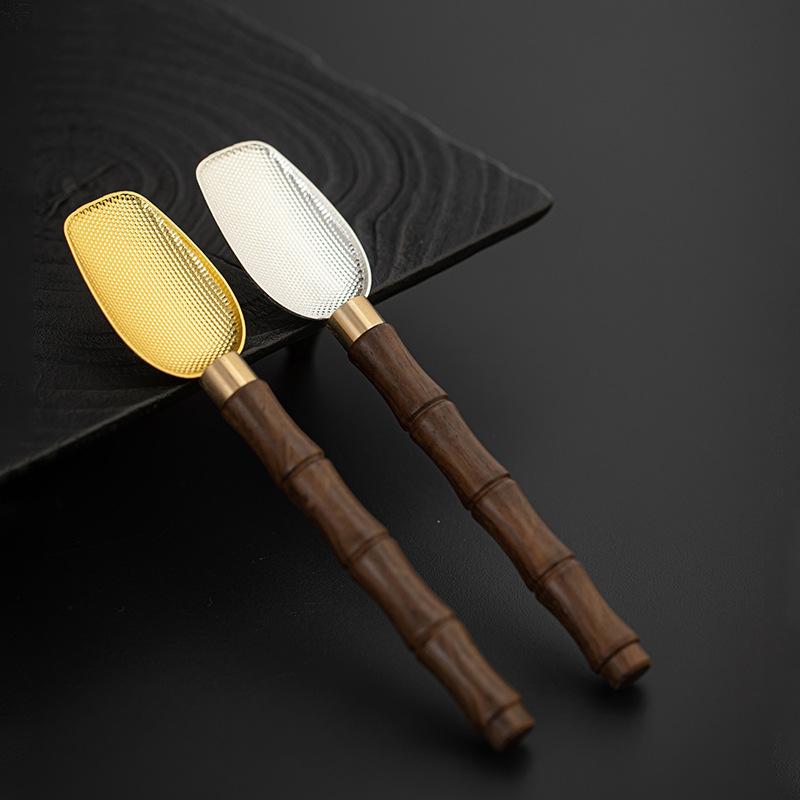 Black Ebony Bamboo Tea Spoon Long Handle Copper Hammered Spoon Tea Leaf Scoop Tea Accessories