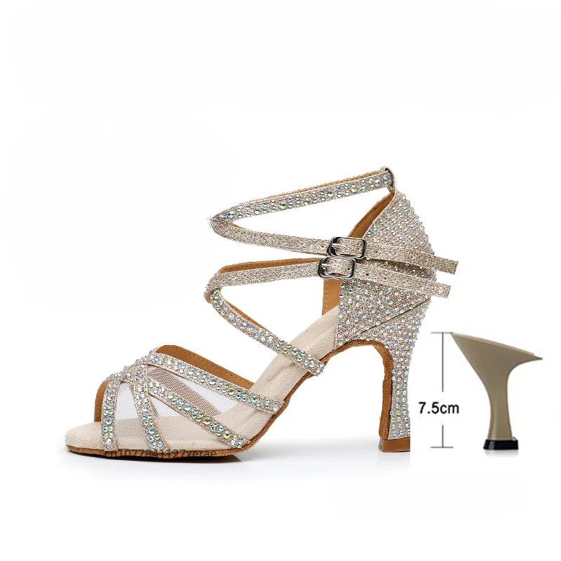 

New Diamond Studded Latin Dance Shoes for Adult Women, Professional Soft Soled Dance Shoes, Mid High Heels for Women 43