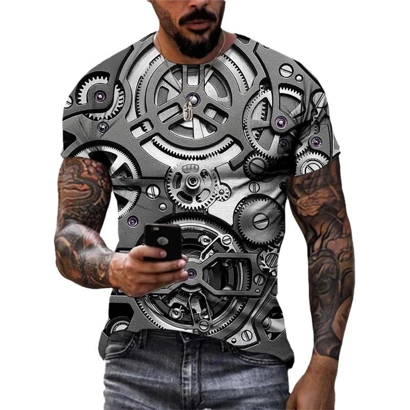Summer Round Neck 3D Steampunk Gear Print Top Fashionable Casual Short Sleeved Men's T-shirts
