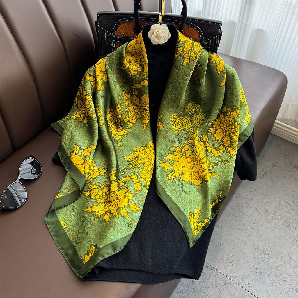 90×90Cm  Satin Shawl Design Flowers Silk Square Women Neck Scarves Wrap Headkerchief Beach Hair Band Women'S Bandana