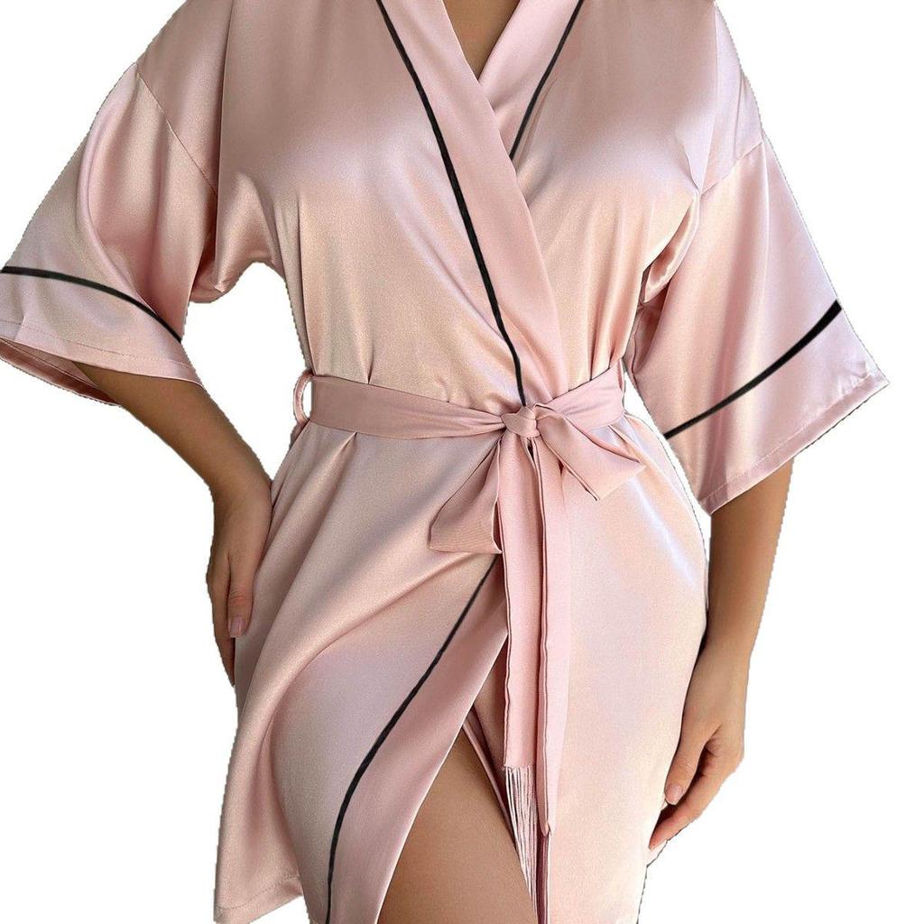 Women's Imitation Silk V-Neck Pajamas and Bathrobe Set