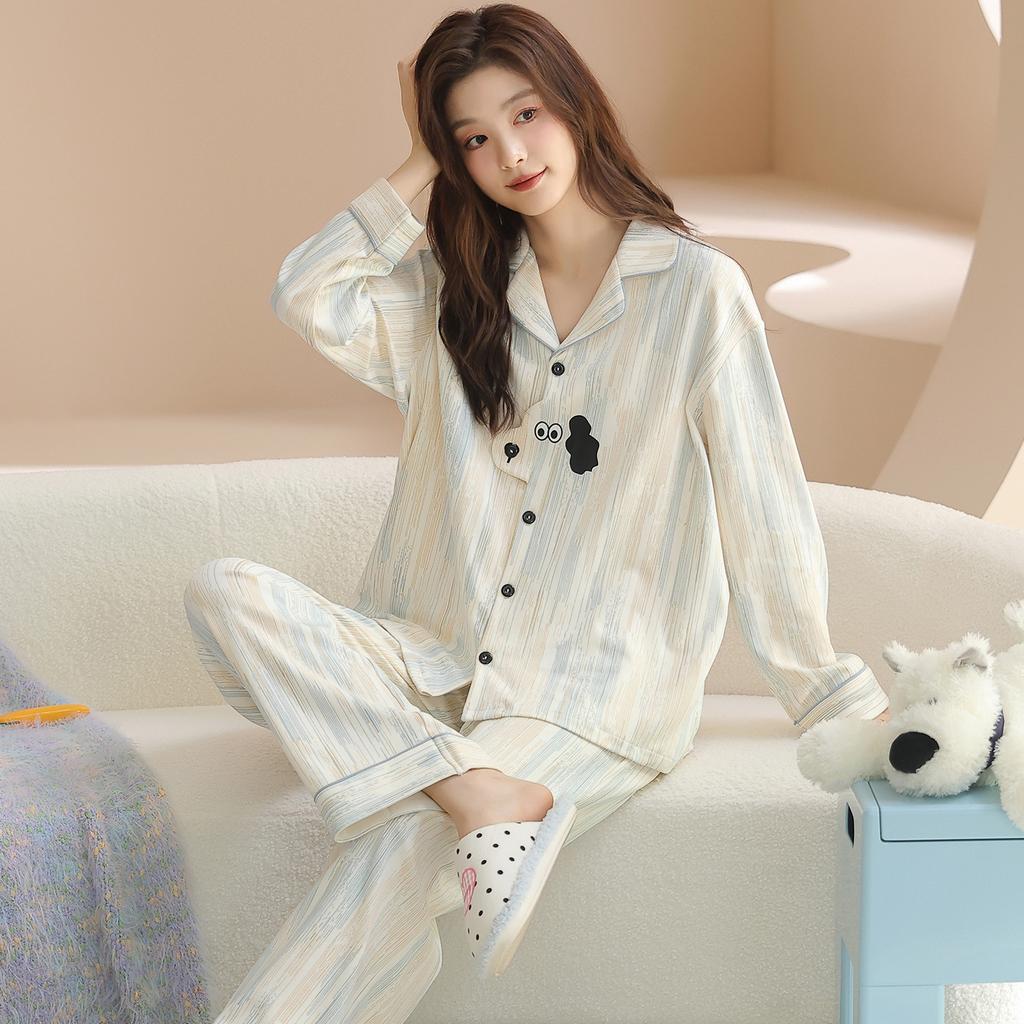 Pajamas Women's Pure Cotton Spring and Autumn 1011 New Women's Long-sleeved Pants Loungewear Korean Cotton Suit Can Be Worn Outside