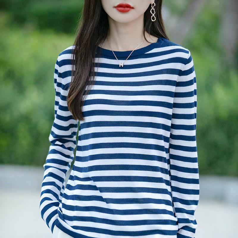 Spring New Style Round-neck Knitted Sweater, Long-sleeved, Color-blocked Striped Loose Pullover Base Layer