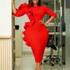 Women's Round Neck Three Quarter Sleeve Pencil Midi Dress High Waist Elegant Ruffle Bodycon Dress