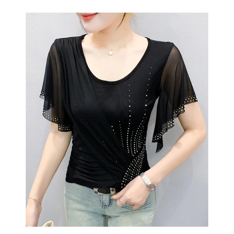 Summer Women's Mesh Color Block Design Lace Trim Rhinestone DetailsTrendy Short Sleeve T Shirts