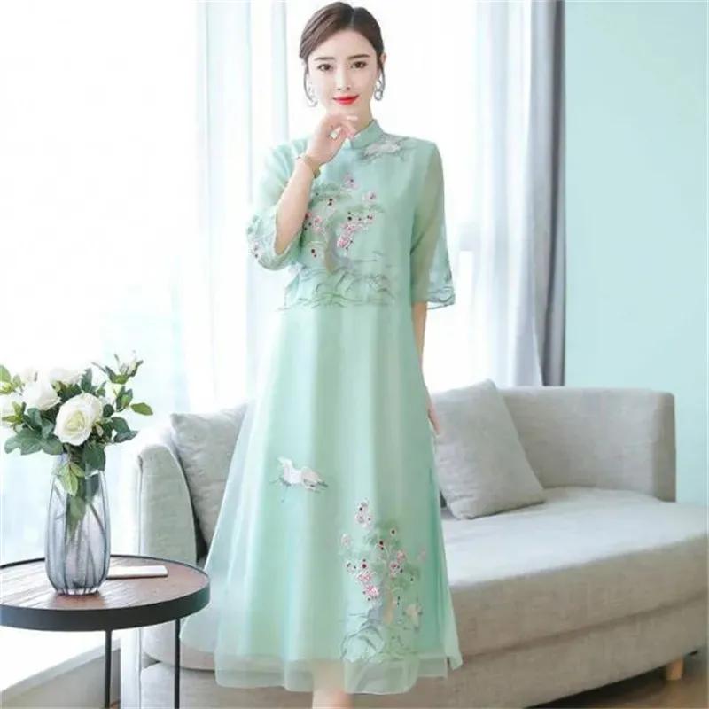 Summer Women Cheongsam Improved Dress Retro Elegant Embroidery Long Dresses Floral Party Dress Chinese Female Clothing