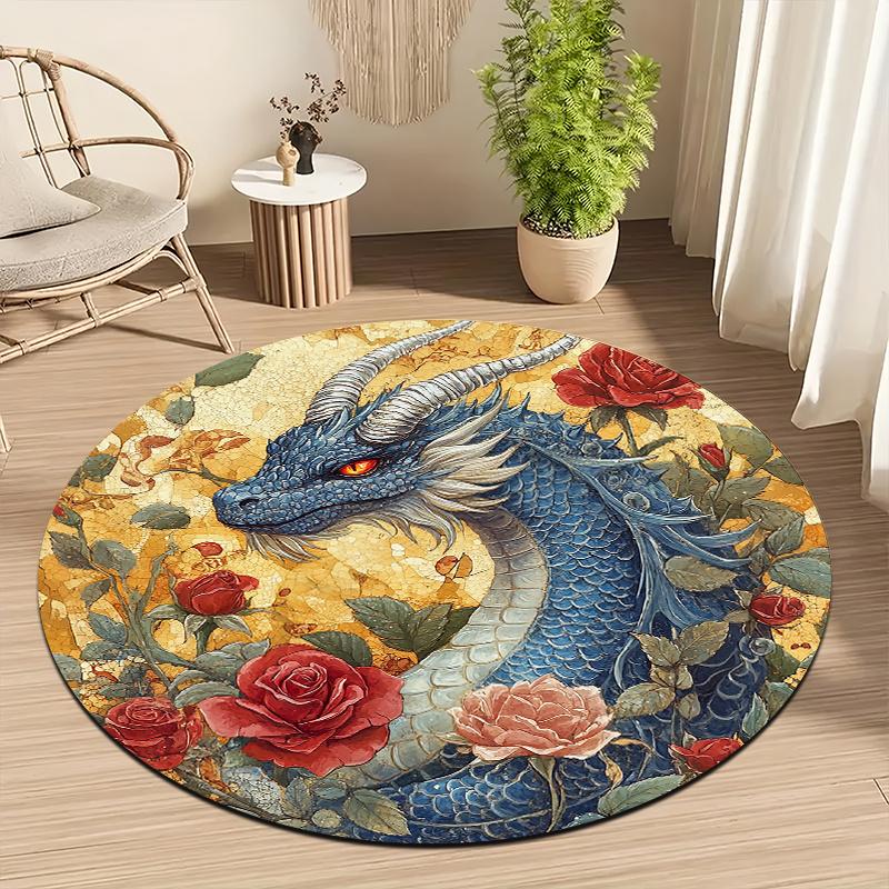 Dragon and Rose Style Flannel-printed round floor mats are slip-resistant Suitable living room bedroom terrace garden carpets