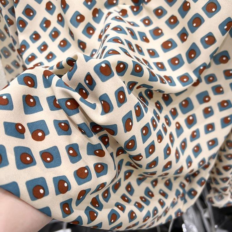 Korean Style Slim Lapel Color-blocking Printing Age-reducing Long-sleeved Chiffon Shirt Thin Top