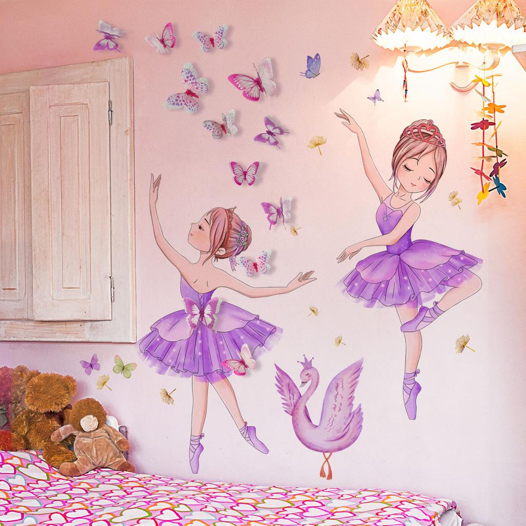 Samolepky na zeď princezna a labuť do dětského pokoje Dívky Roztomilý baletní tanečník Květina Motýl Tapeta Dekorace do dětského pokoje