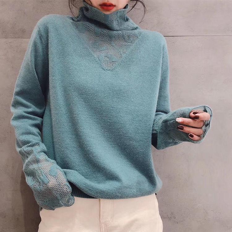 

Осенне-зимний свитер с высоким воротником, тонкий кружевной свитер с длинными рукавами и вышитой нижней рубашкой, женская рубашка L