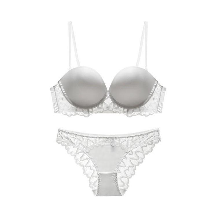 Elegant Lace Underwire Bra Set for Women - Seamless, Beautiful Back Design, Small Bust Enhancing, Soft Steel Ring Support.