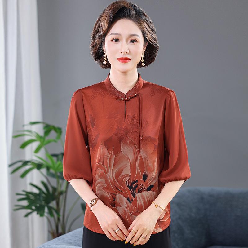 

2026 Summer Trendy Silk-Inspired Five-Sleeve Print for Middle-Aged & Elderly Women 2XL (52.5-60 kg) красный