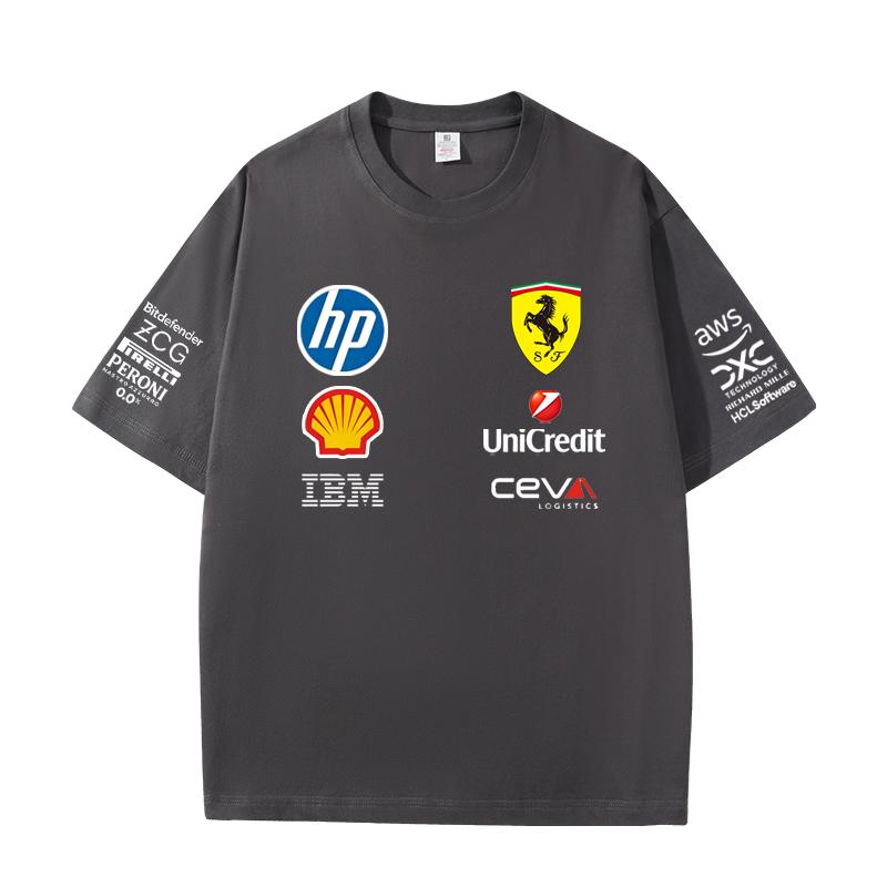 Herren und Damen Oversize Ferrari F1 Renn T-Shirt Klassischer Sponsoren Logo Druck Kurzarm Motorsport Lässig Streetwear Tee