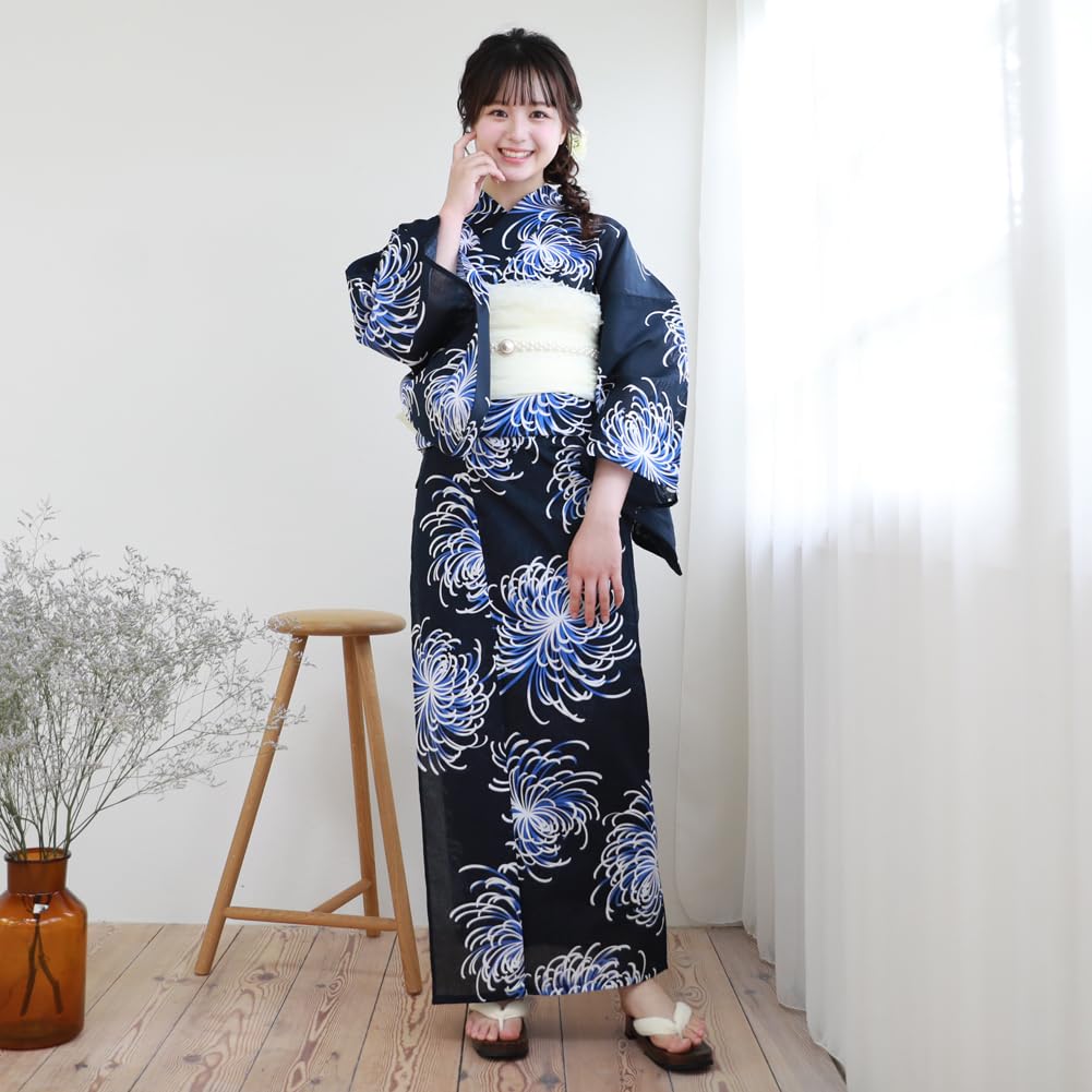 Yukata Set Blue with White and Light Blue Love Yukata Set [Brilliant Peace] "Wa Nadeshiko" Women's "Navy Chrysanthemums" Heart-Pounding 2-Piece