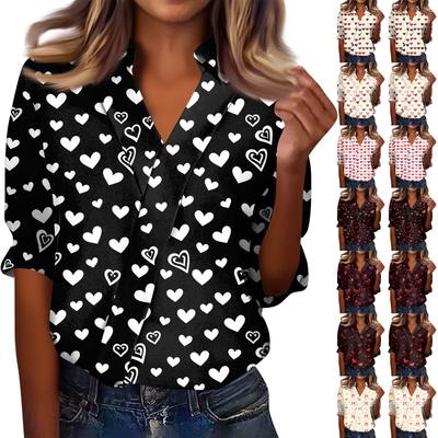 Women's 3/4-Sleeve V-Neck Shirt Printed Workwear Casual Regular Shirt Collar Top