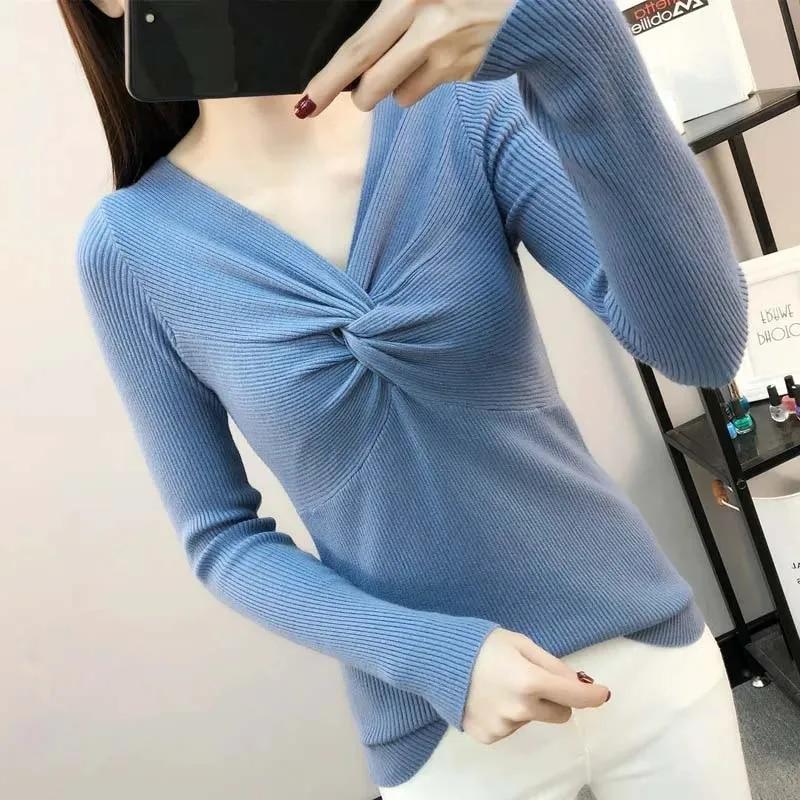 Pullover mit V-Ausschnitt für Damen, schmale Passform, kurzes Oberteil, Pull-Pullover, Strickpullover, solide Langarm-Damen, Frühling und Herbst