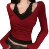 Women's Sexy Red Lace Halter V-Neck Two-Piece T-Shirt
