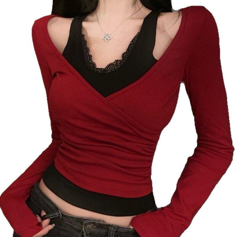 Women's Sexy Red Lace Halter V-Neck Two-Piece T-Shirt