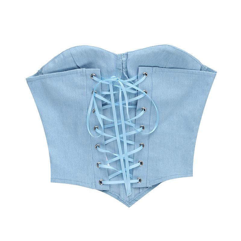 Top tubo de mezclilla sintética con copas para el busto a la moda para mujer Faja Spice Girl Top con escote pronunciado