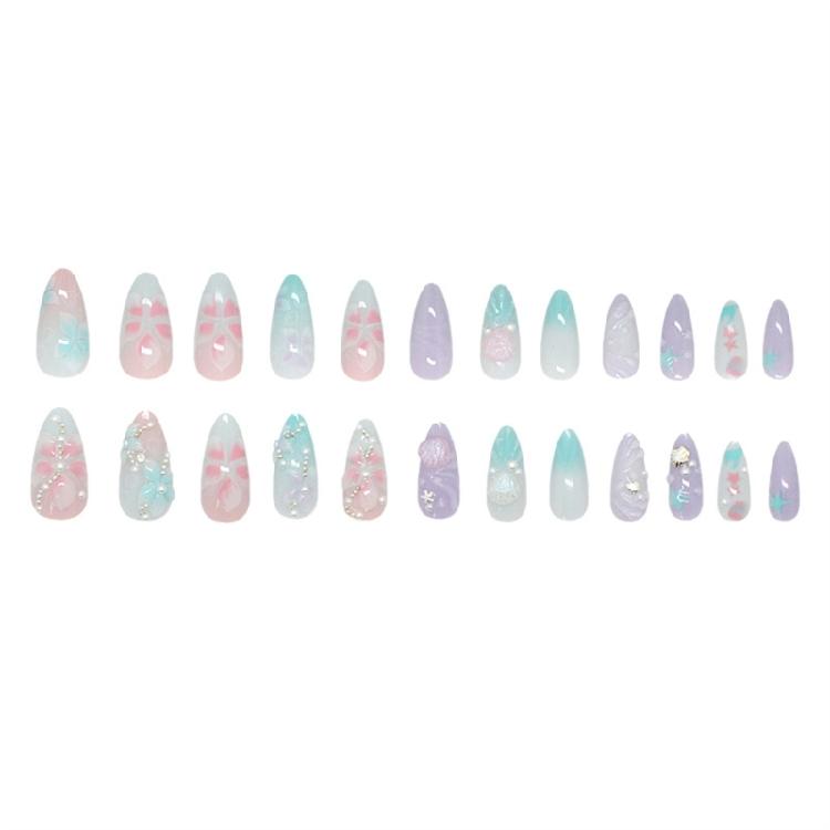 Instants Glamours 24PCS False Nail Set Featuring 3D Seashells Rhinestones Artwork Gradient Holographics Finish Reusable Press On Nail Multi Sizes