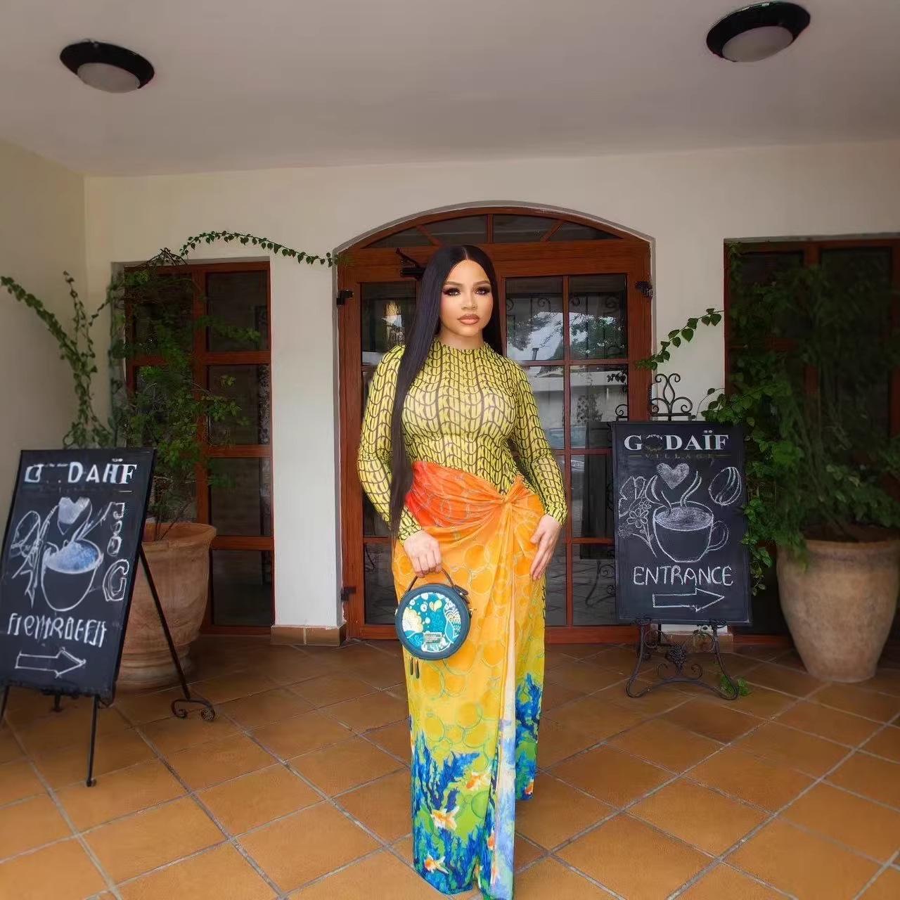 European & American 2026 Fashion Patchwork Print Hip-Hugging Dress with Long Sleeves and Slit Small