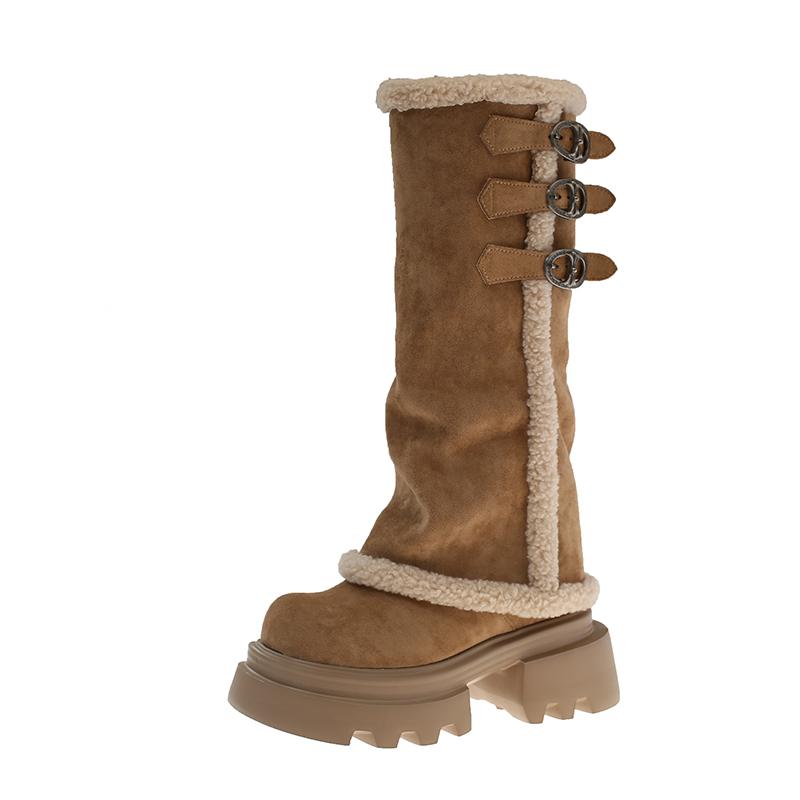 High Snow Boots Winter New Round Toe Scrub Fleece Metal Buckle Platform Non-slip Block Heel Cotton Shoes