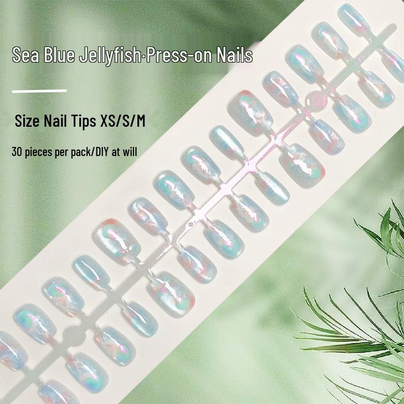 

Sea Blue Aurora Jellyfish Crystal Cat Eye Nail Tips [30 Pieces] - Handmade, Wearable, High-End Summer Nails