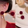 1Pairs Rose Flower Retro Bridal Earrings for Women Red Velvet Chinese Style Decorative Earrings Super Fairy Vintage