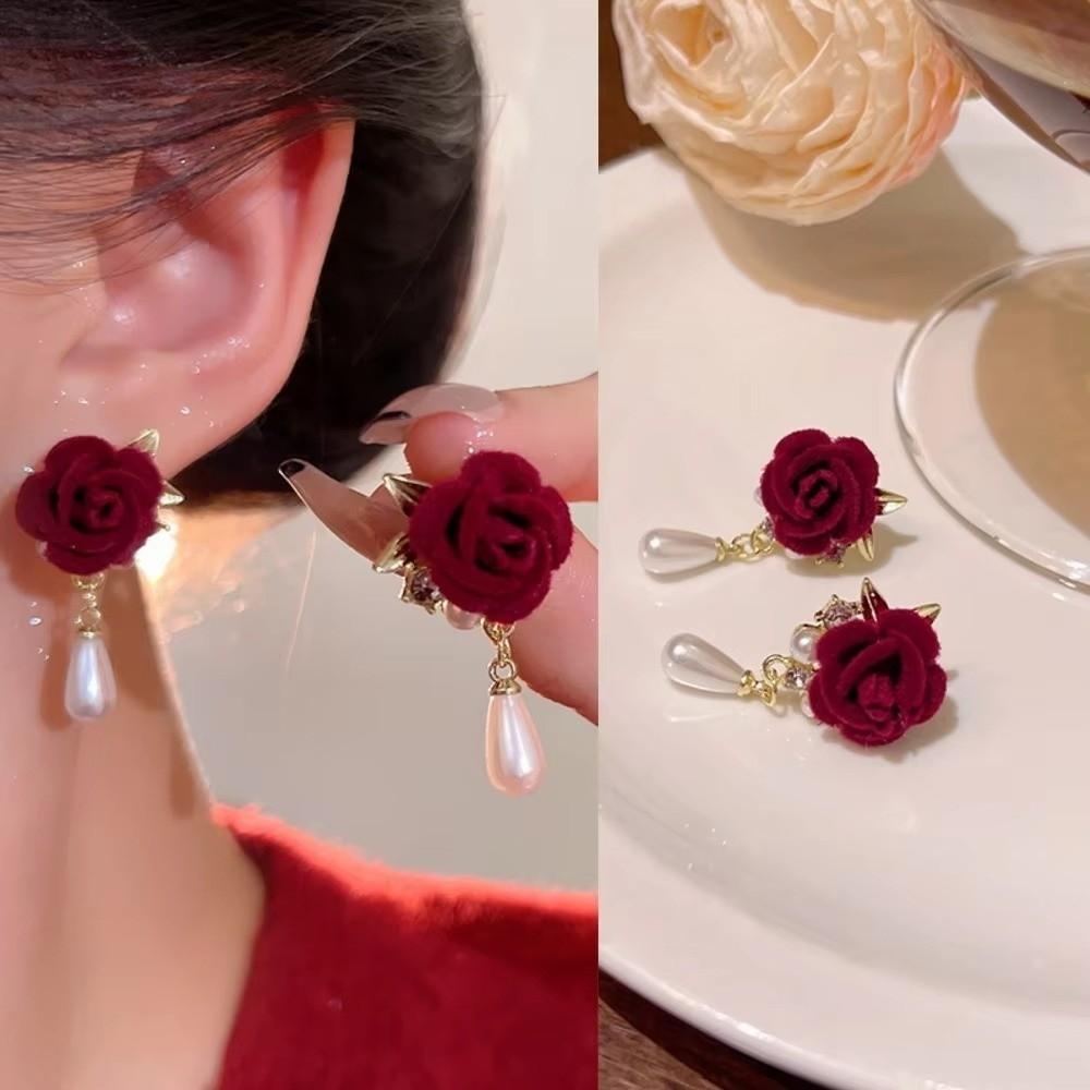 1Pairs Rose Flower Retro Bridal Earrings for Women Red Velvet Chinese Style Decorative Earrings Super Fairy Vintage