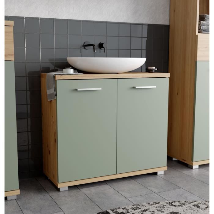 Meuble sous-lavabo - 2 portes - Décor chene &amp; vert sauge - L69,9 x P28,9 x H62 cm - CHAMP