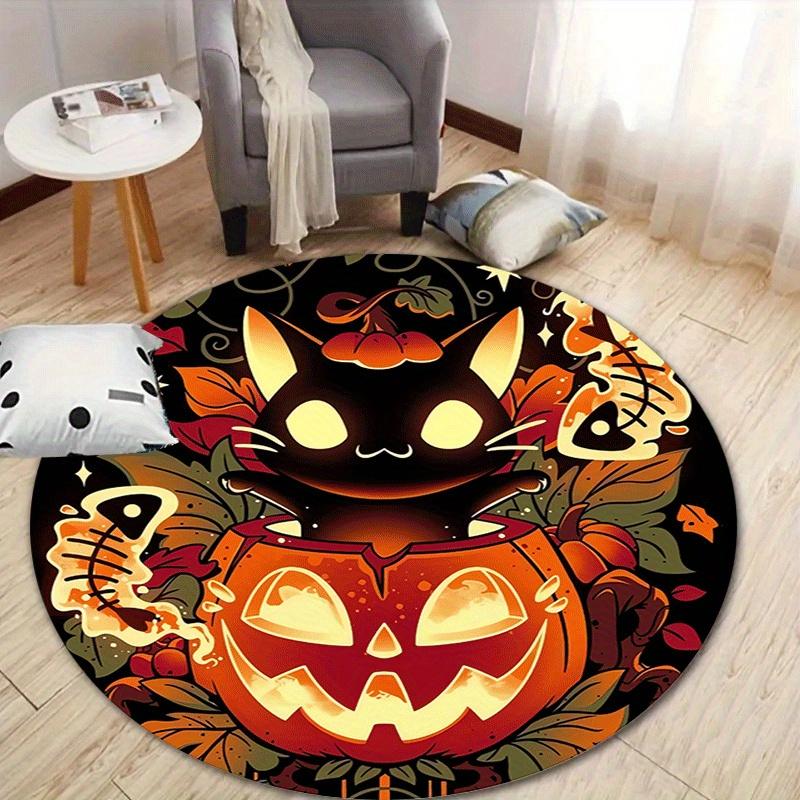 

1pc Soft, Absorbent & Non-Slip Cute Cat in The Pumpkin Round Rug, Perfect for Entryway, Living Room, Bedroom Decor, Machine Washable Flannel 80cm by 80cm