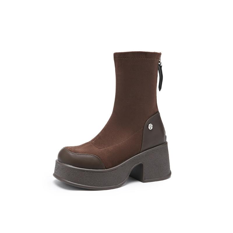 8573-85712025 Autumn New Retro Small Thick-soled Elastic Boots Skinny Boots Suede Martin Boots Women