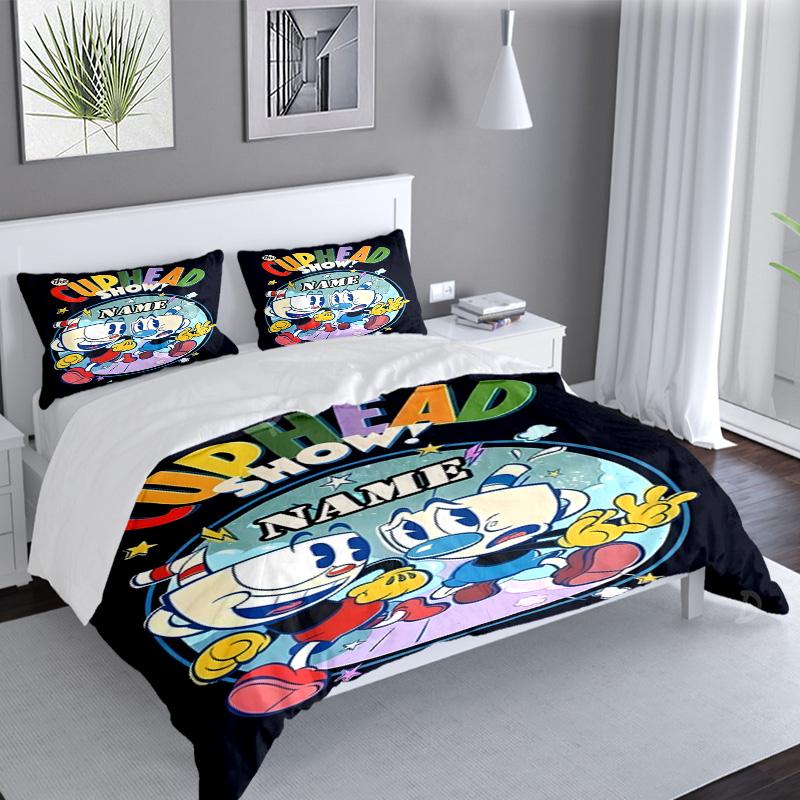 3PCS Custom Name Cup-head Bedding Set Printed Duvet Cover Closure Includes 1 Duvet Cover & 2 Pillowcases for All Seasons Bedroom Decor