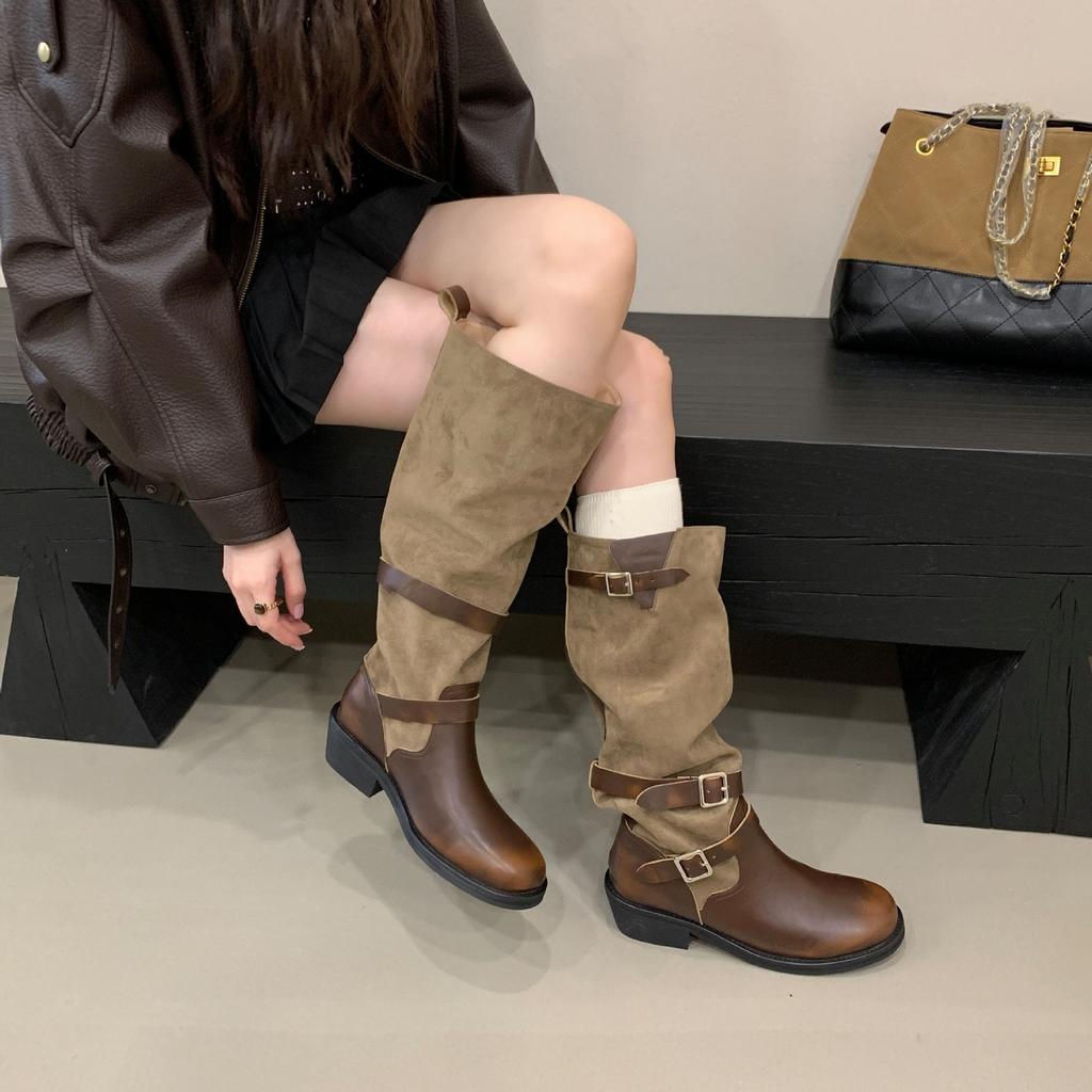 Heavy Knight Boots "retro Old Polished Pleated Boots Women's Autumn Thick Heel Belt Buckle Locomotive Stacking Boots