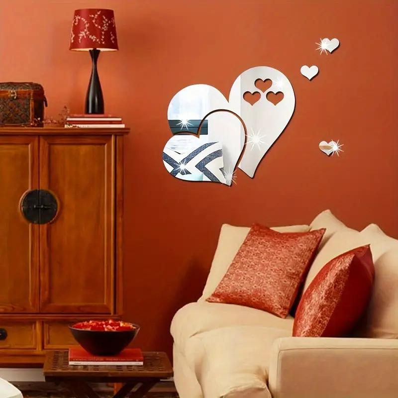 5-Piece Heart-Shaped Acrylic Mirror Wall Stickers - Self-Adhesive Decorative Decals for Bedroom, Living Room, or TV Background Wall.