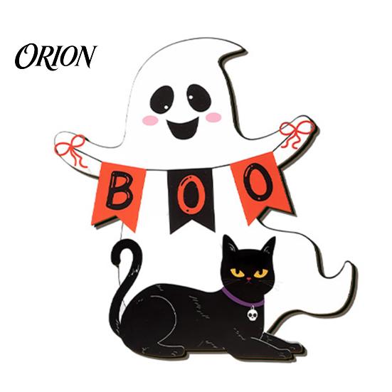 Holiday Party Supplies Halloween Wooden Hanging Sign, Rustic Ghost Bat Black Cat Witch Hat Wall Decor, Balcony Window Decor Spooky Pendant with