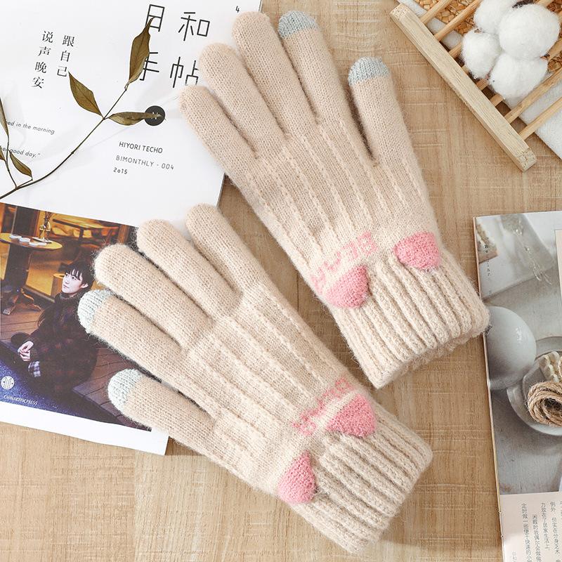 Korean Cat's Ears Cute Knitted Gloves Women Thickened Warm Touch Screen All Finger Gloves Soft Skin Friendly Splice Color Gloves