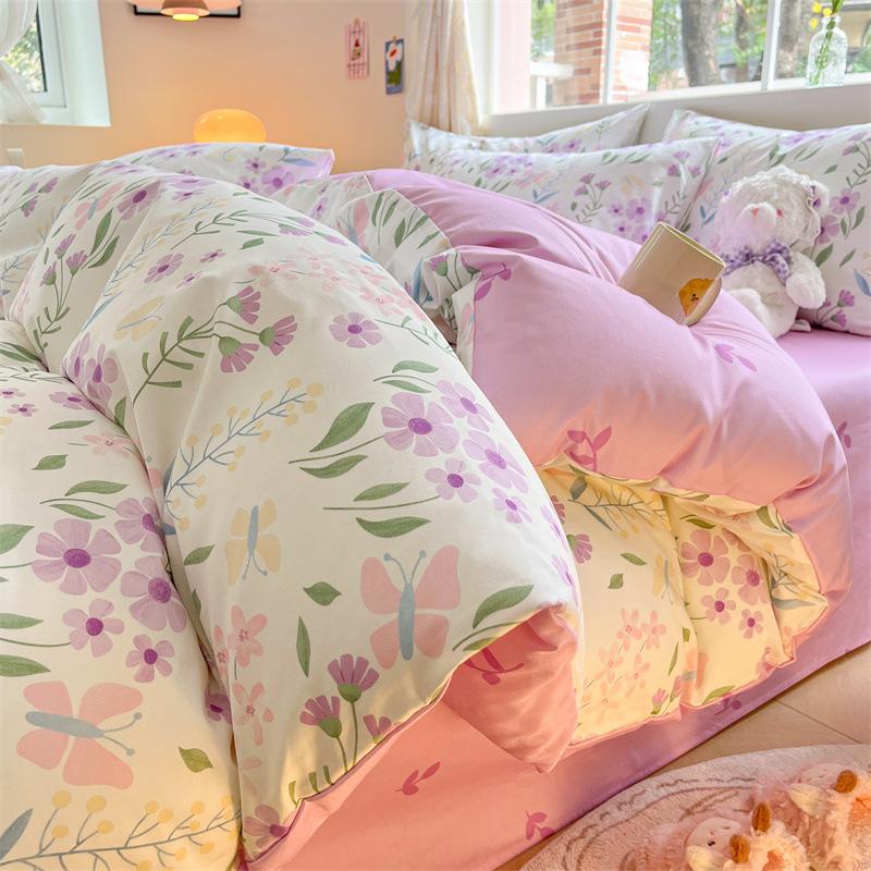 Set din patru piese prințesă drăguț din bumbac, husă de pilota din bumbac pur, husă de pilota de lenjerie de pat, set din trei piese pentru dormitor