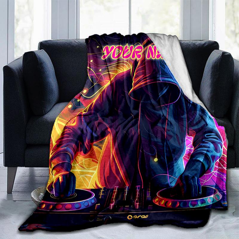 1PC Custom Name DJ Neon Lights flannel blanket versatile,all-season throw suitable for the living room,bedroom,camping,travel,and gift