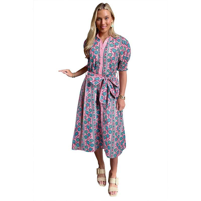 

Fashion Artsy Retro Florals Print Dress Women s Early Spring New Arrival Color Matching High Waist Lace-up Midi Dress for Women XN037-Pink S