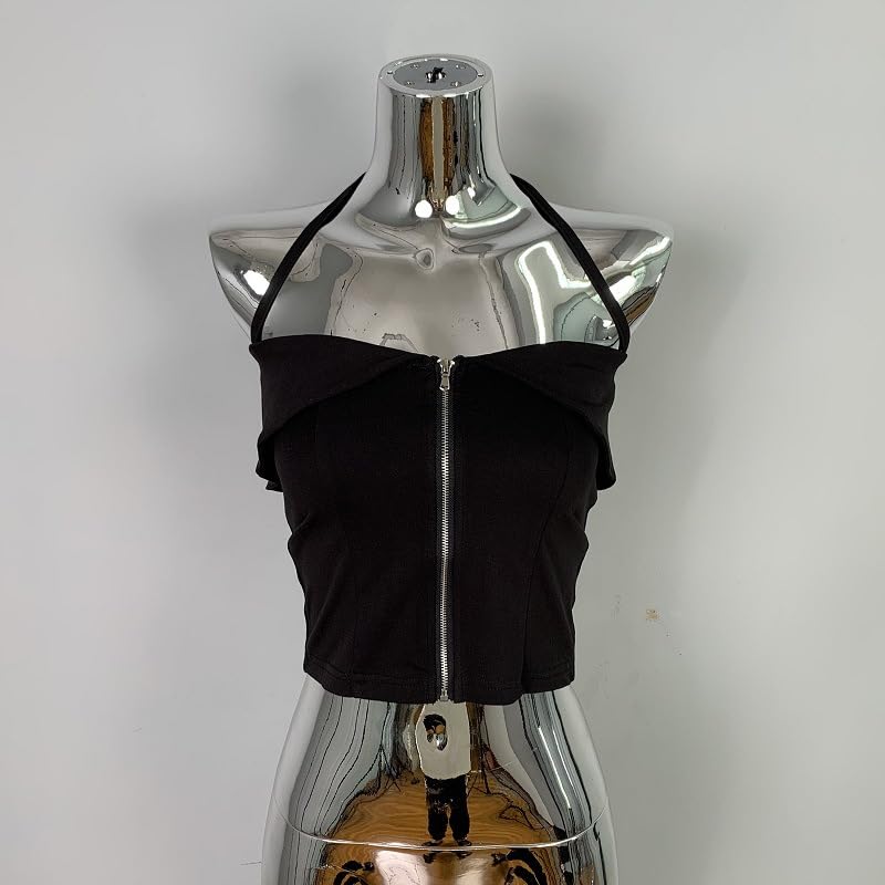 Coco and Yuka Sexy Sleeveless Tight Zipper Top with Front Opening for Summer Size Women's Off-the-Shoulder (Black, M)