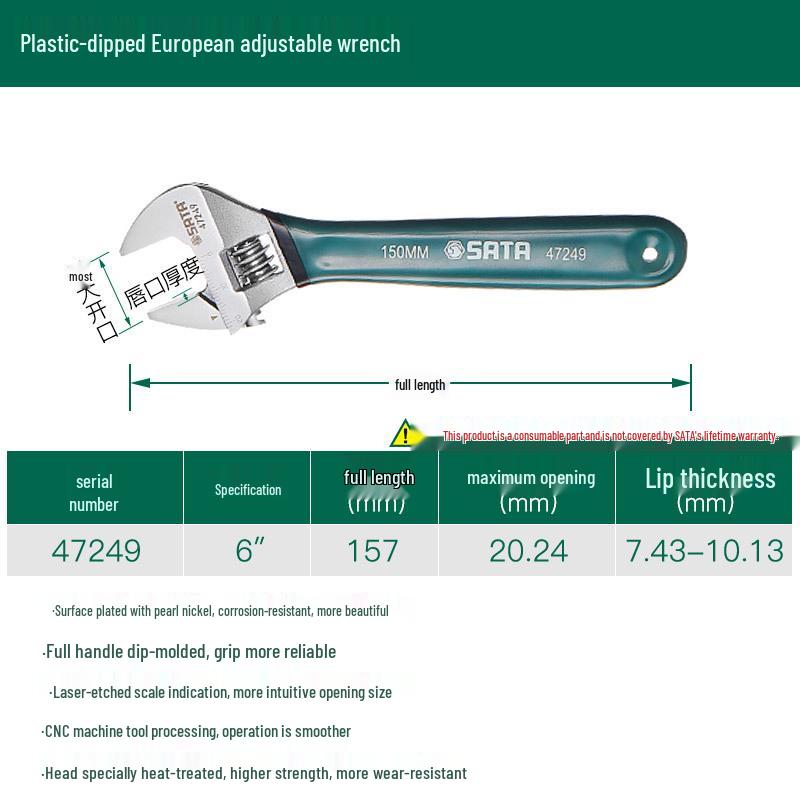 SATA Adjustable Carbon Steel Wrench with Plastic Handle (Models 47249, 47250, 47252)