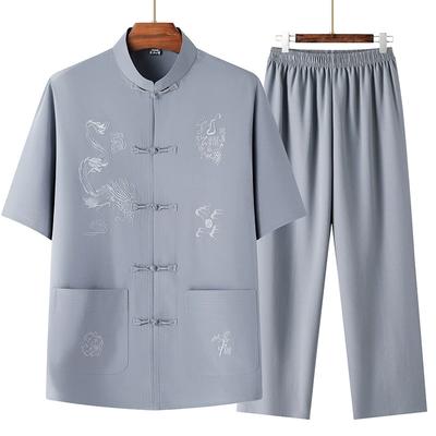 Chinese Style Tang Style Summer Short Sleeved Suit for Middle-aged and Elderly, Morning Exercise, Chinese Style Buckle, Solid Color Embroidery
