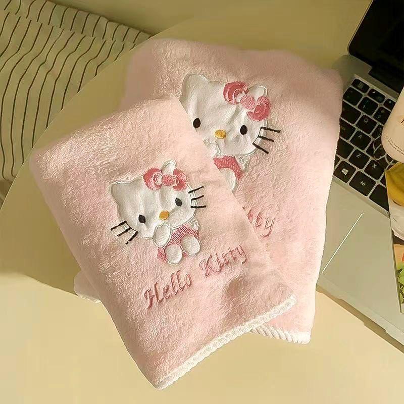 Cartoon Cute KT Cat Coral Fleece Bath Towel Set - Soft, Absorbent Towels for Face and Bath