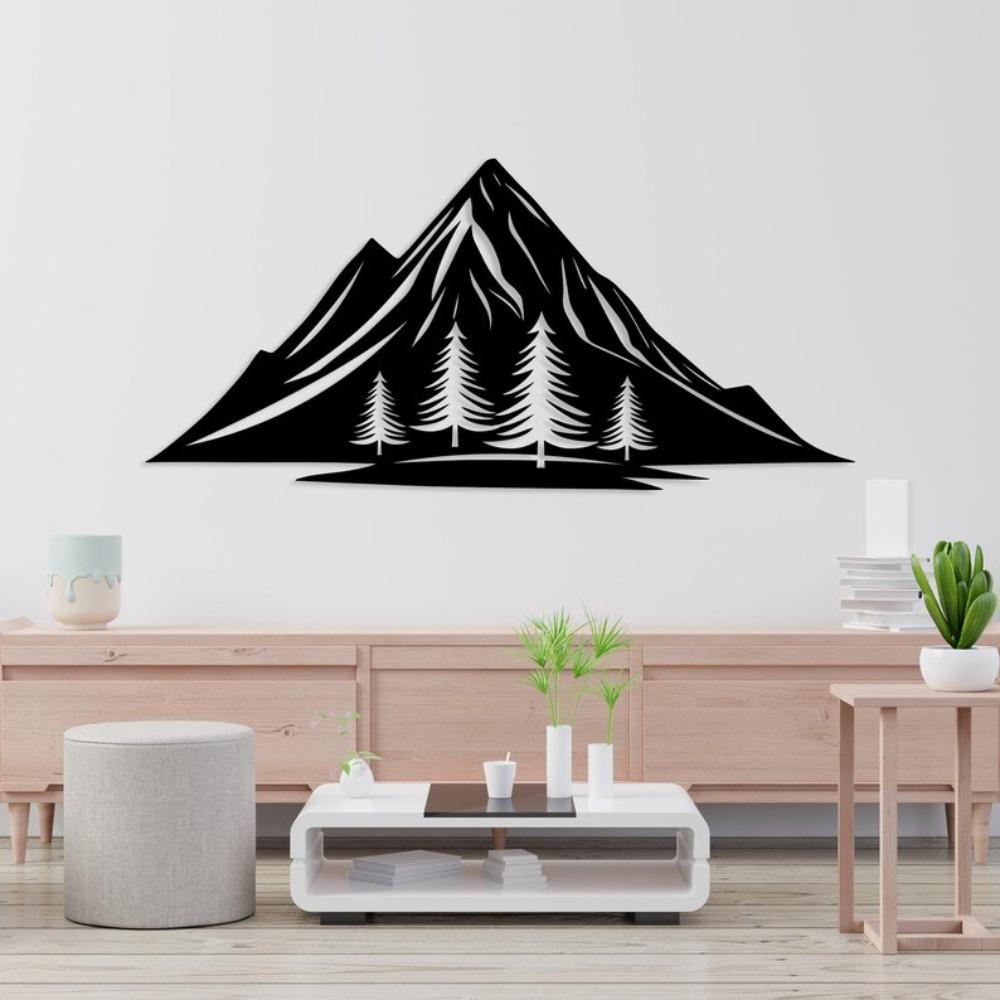 Laser Cut Metal Wall Art Mountain and Pine Tree Decor for Living Room Modern Black Steel Nature Landscape Artwork 22 Inch