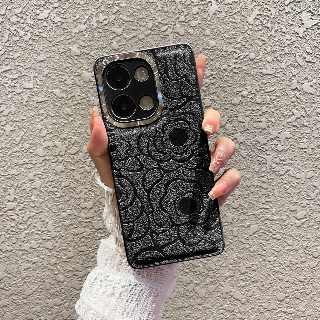 OPPOReno13pro Mobile Phone Case Camellia Flowers Suitable for FindX8U Metal Ring Leather Pattern Reno12 Protective Case
