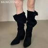 Winter Chunky Women High Boots Suede Pointed Retro Mid Heels Shoes 2025 Trend Designer Zipper Pumps Gladiator New Botas De Mujer