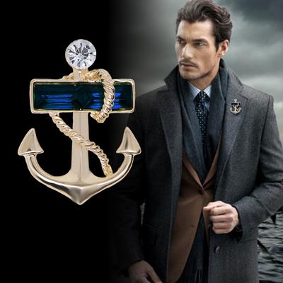 Fashion Rudder Anchor Brooches Lapel Pin Crystal Rhinestone Men 'S Suit Shirt Collar Pins Luxulry Jewelry Badge Accessories